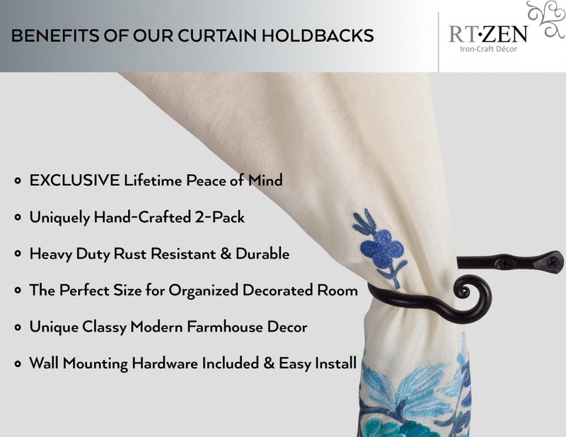 RTZEN Decorative Metal Curtain Tiebacks - Farmhouse Wrought Iron Curtain Holdbacks - Drapery Holders for Wall - Unique Metal Tie Backs for Curtains - 2 Pcs (Black Classic) - Image 2